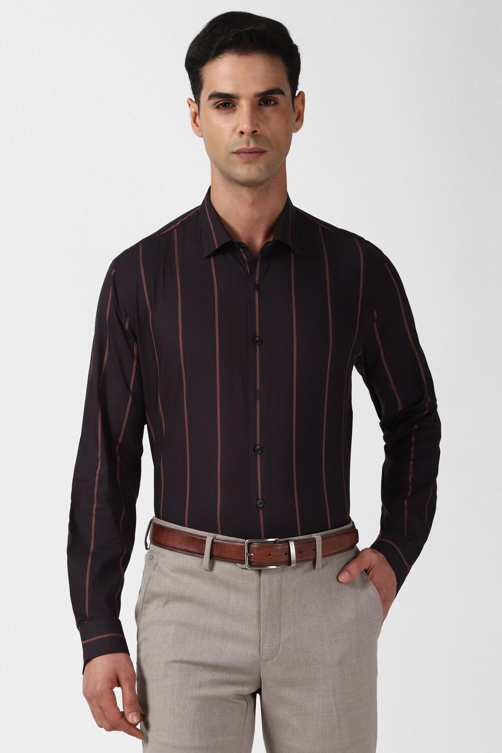 Men Navy Slim Fit Stripe Full Sleeves Formal Shirt
