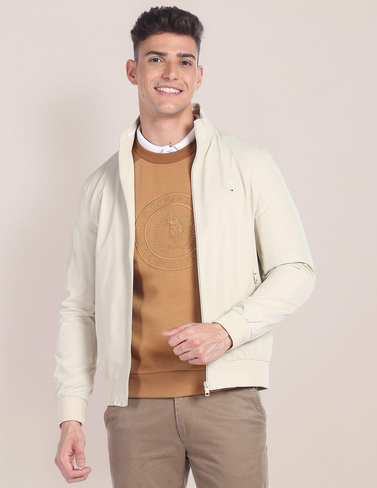 High Neck Solid Jacket For Men In Beige