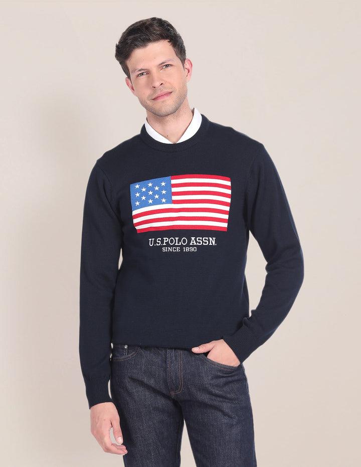 Men Navy Blue Crew Neck Brand Embroidered Sweater