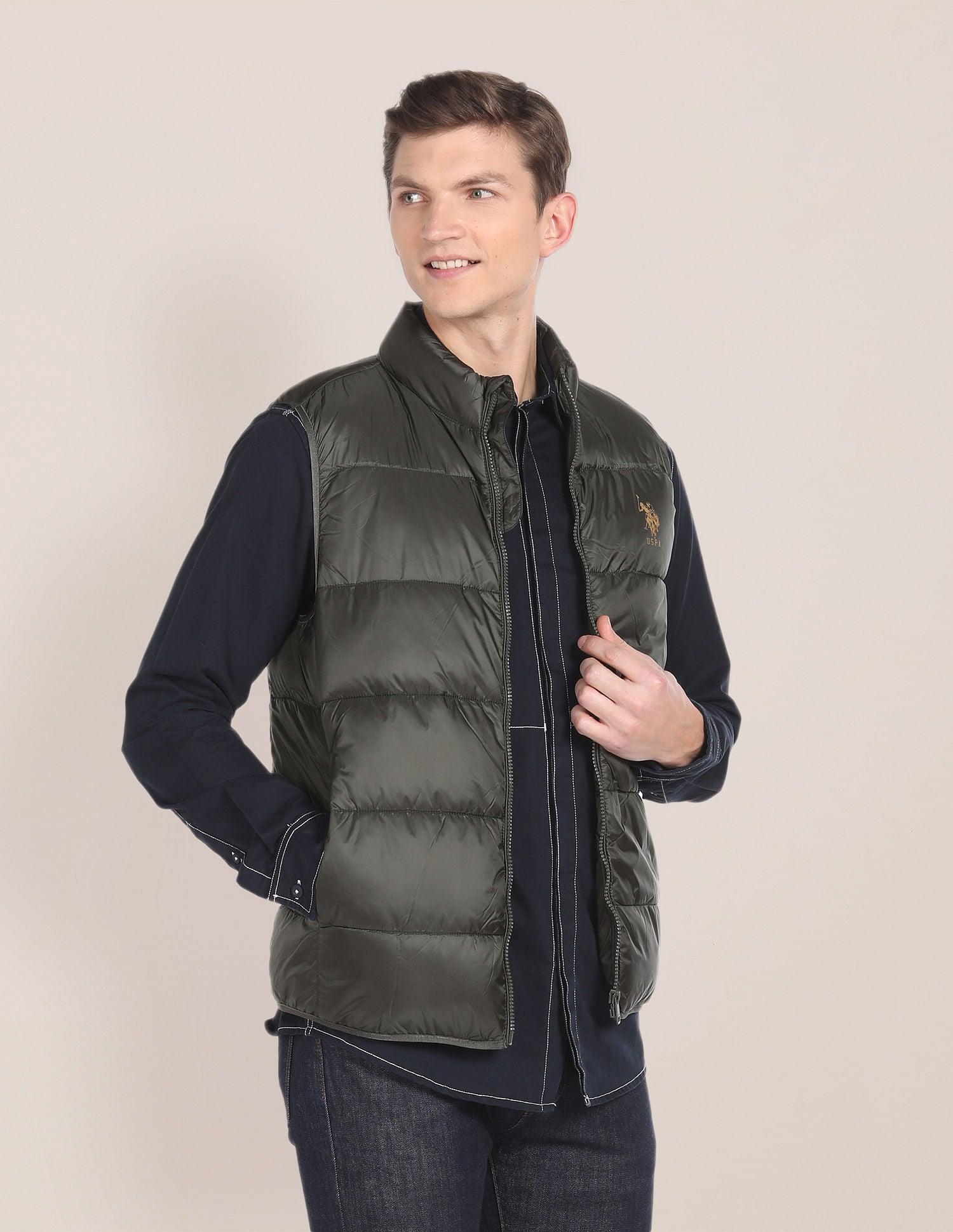 High Neck Sleeveless Quilted Jacket For Men In Olive 