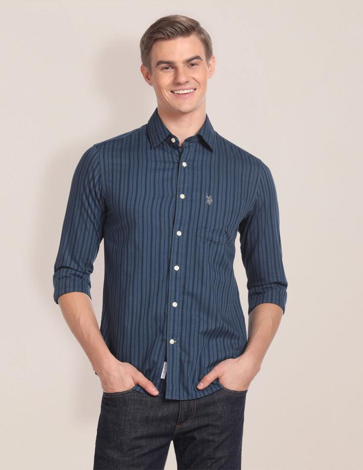 Cotton Vertical Stripe Shirt For Men In Navy