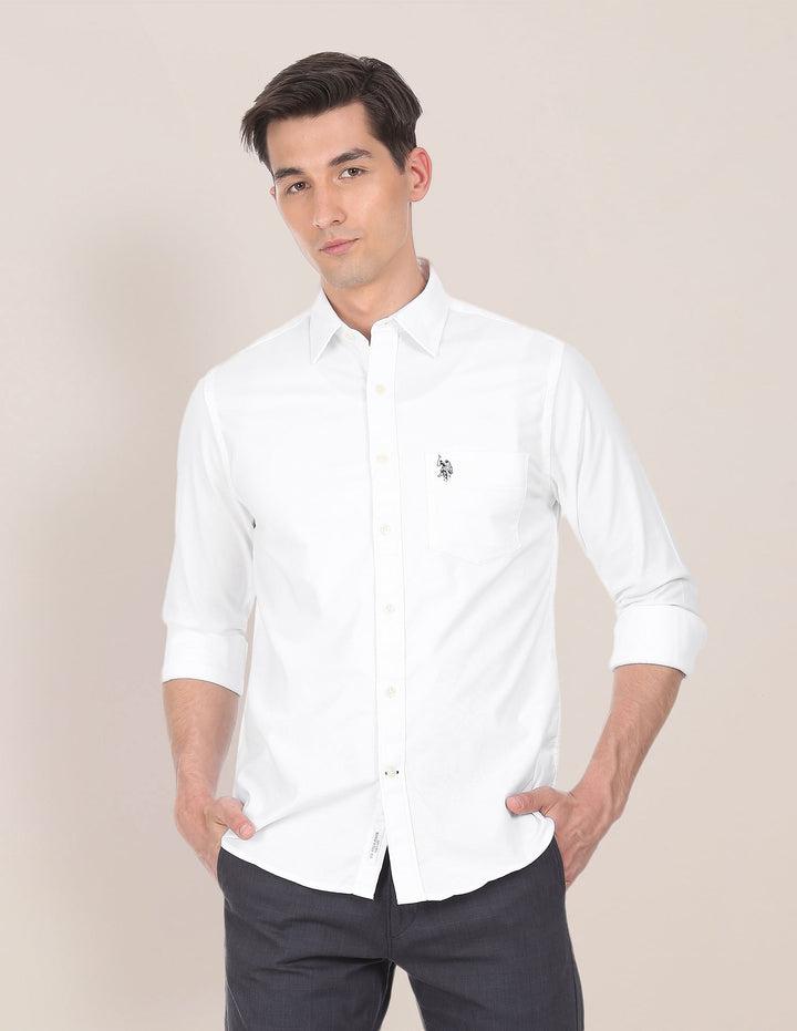 Men White Spread Collar Cotton Stretch Shirt