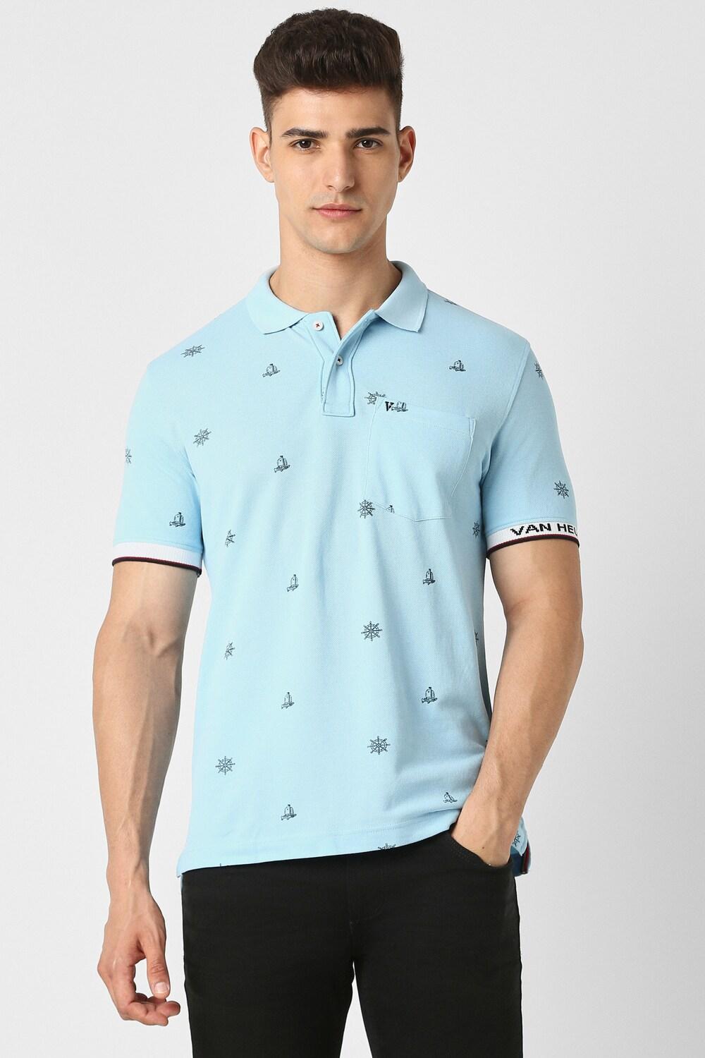 Print Polo Neck Tshirt For Men In Blue