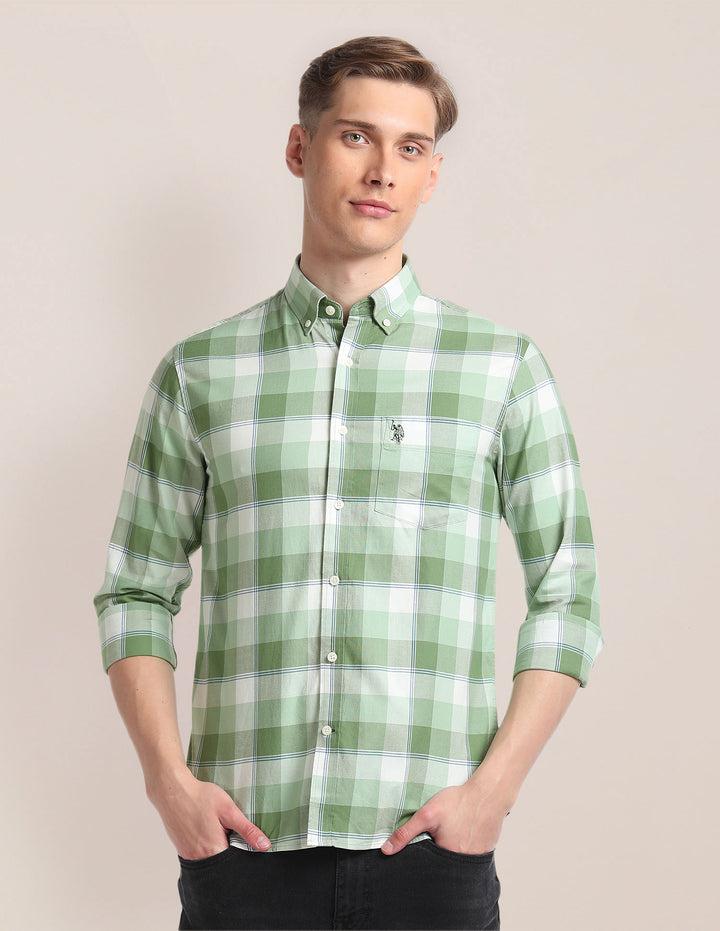 Green Plaid Check Cotton Shirt For Men