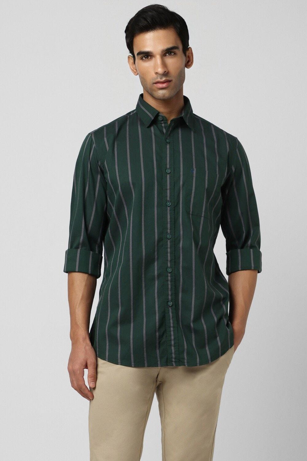 Men Green Slim Fit Stripe Full Sleeves Casual Shirt