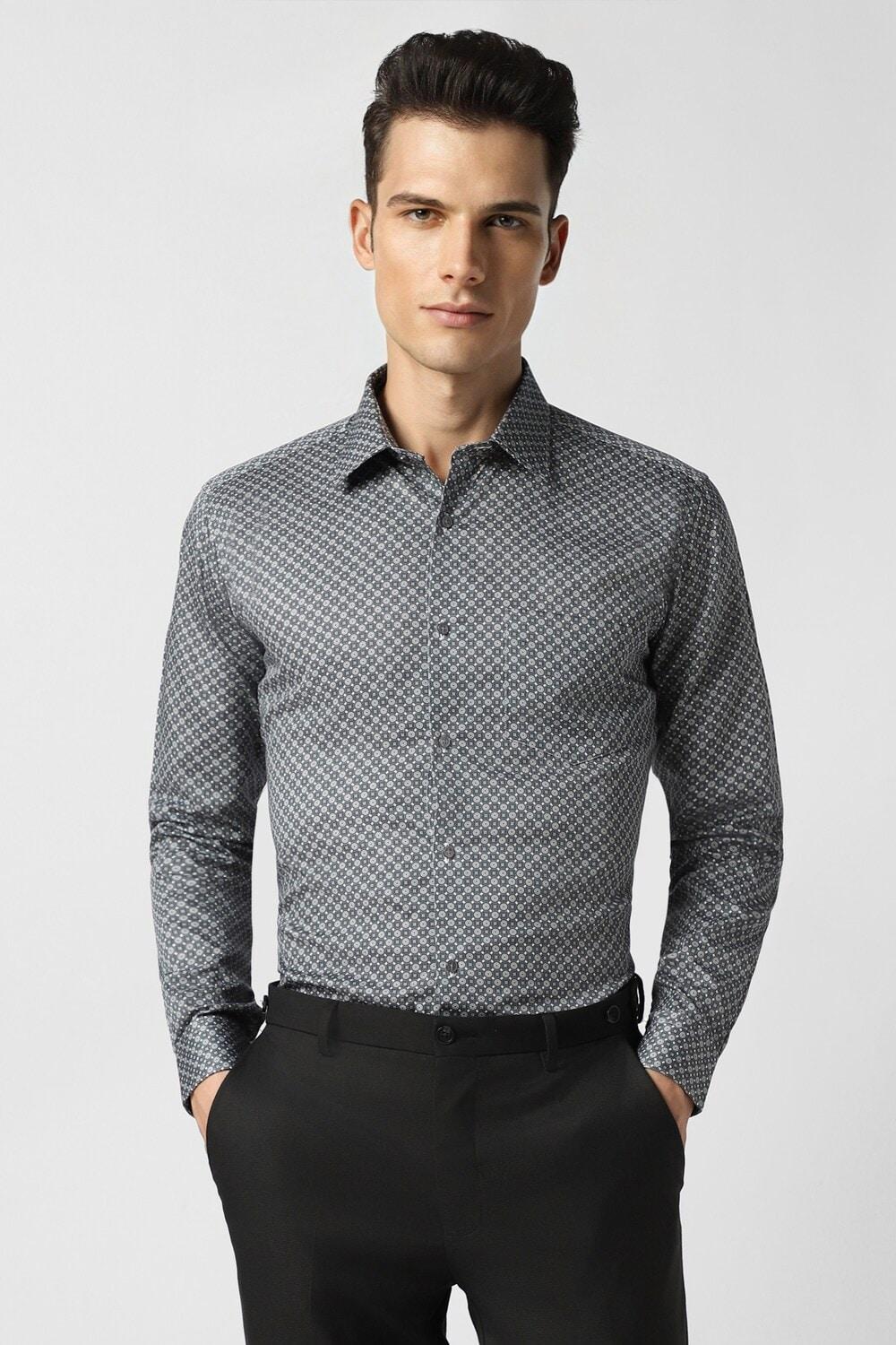 Men Grey Regular Fit Print Full Sleeves Wedding Shirt