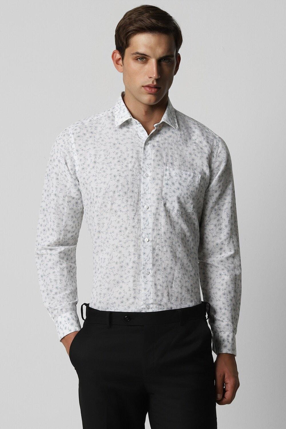 White Regular Fit Print Full Sleeves Men Formal Shirt