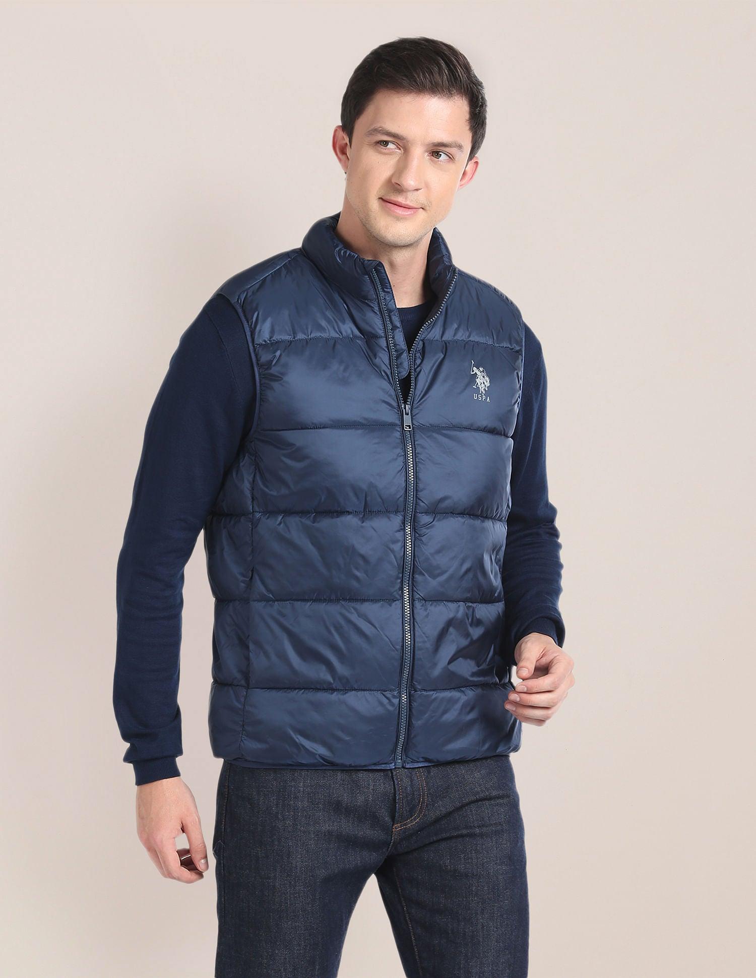 High Neck Sleeveles Puffer Jacket For Men In Navy Blue 