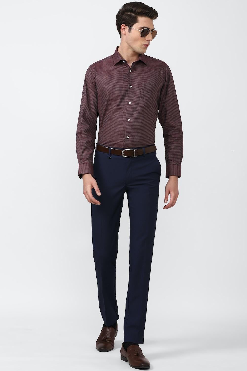 Navy Solid Slim Fit Trousers For Men