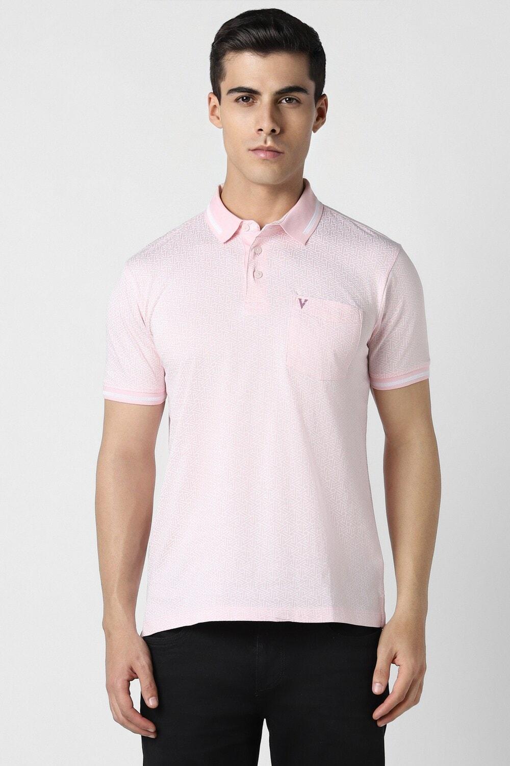 Men Pink Print Polo Neck Casual Tshirt