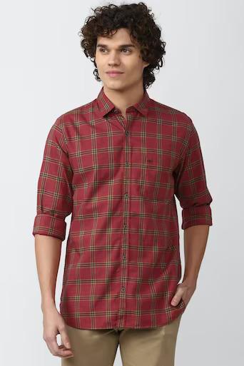 Peter England MEN RED SLIM FIT CHECK FULL SLEEVES CASUAL SHIRT