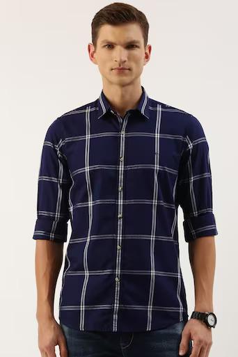 Peter England MEN NAVY SLIM FIT CHECK FULL SLEEVES CASUAL SHIRTS
