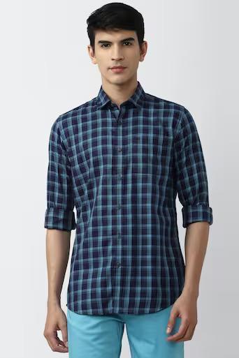 Peter England MEN BLUE SLIM FIT CHECK FULL SLEEVES CASUAL SHIRT