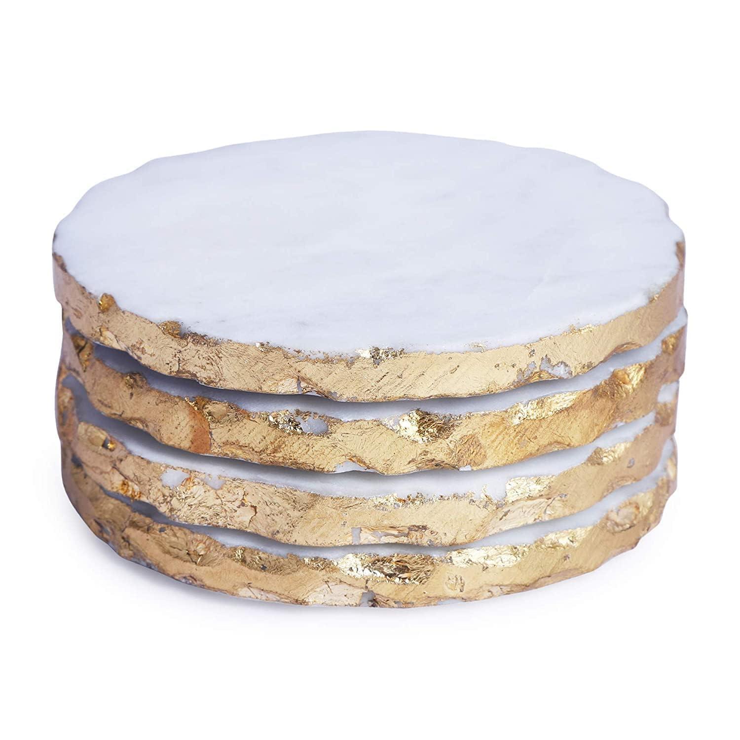 MBSC White Marble Tea/Coffee/Cocktail Round Coaster (with Rough Edges Covered with Gold foil) Set of 4 pcs for Drinks Hot & Cold, Table Decorative Cocktail Coaster
