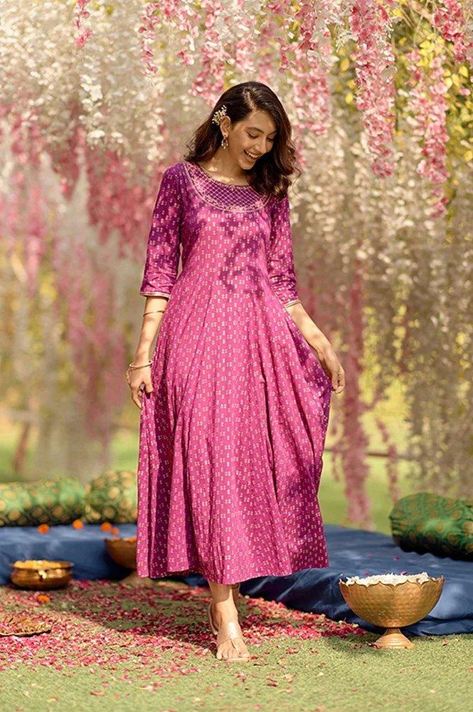 Purple Embroidered and Foil Printed Festive Ethnic Dress