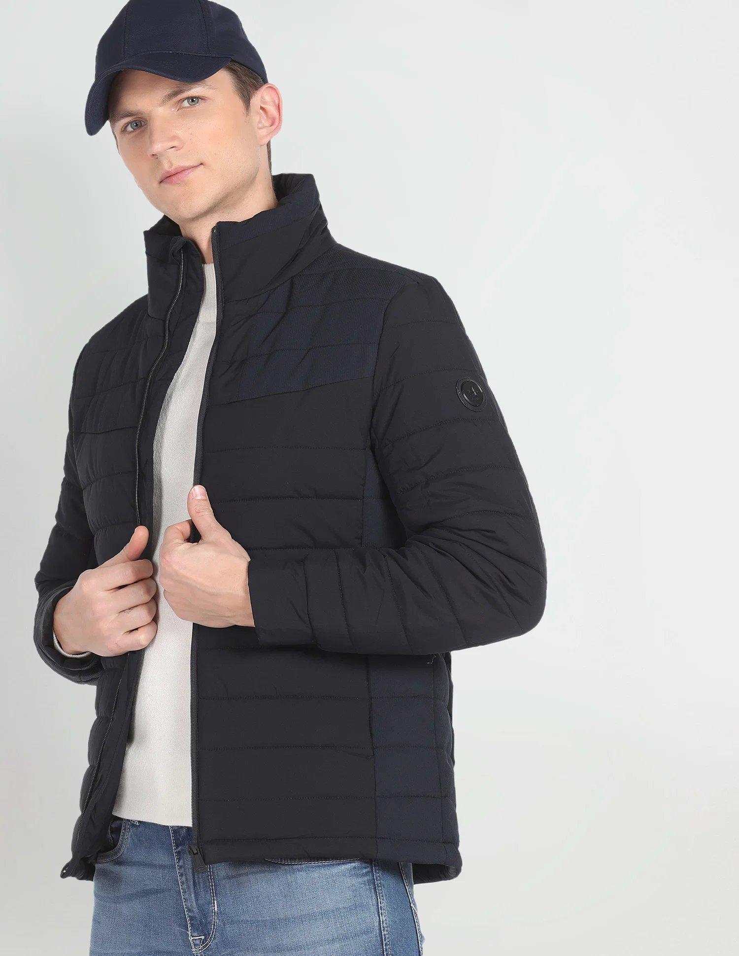 tand Collar Solid Quilted Jacket In Navy Blue