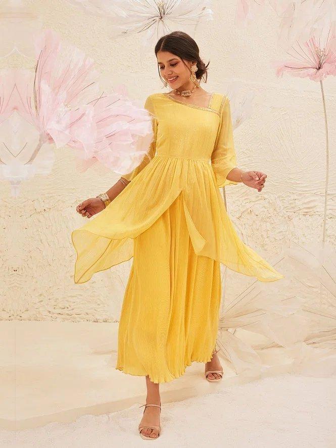 Yellow Flared Printed Modern Ethnic Dress
