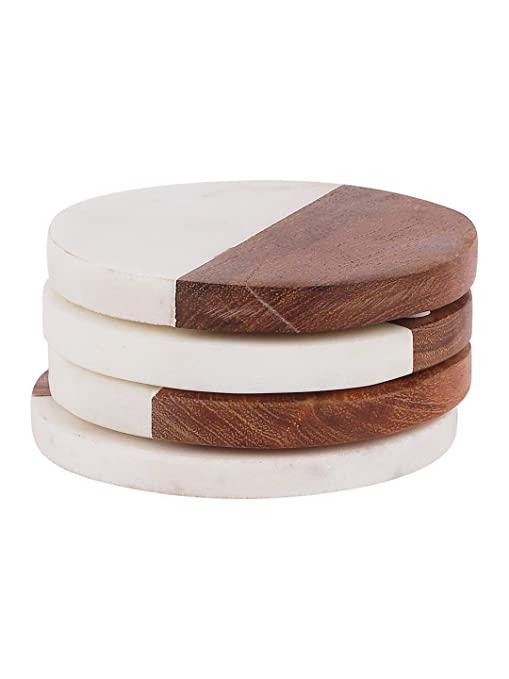 MBSC White Marble+Wood Tea/Coffee/Cocktail Handmade Coaster (Round) Set of 4 pcs for Drinks Hot & Cold, Table Decorative Cocktail Coaster