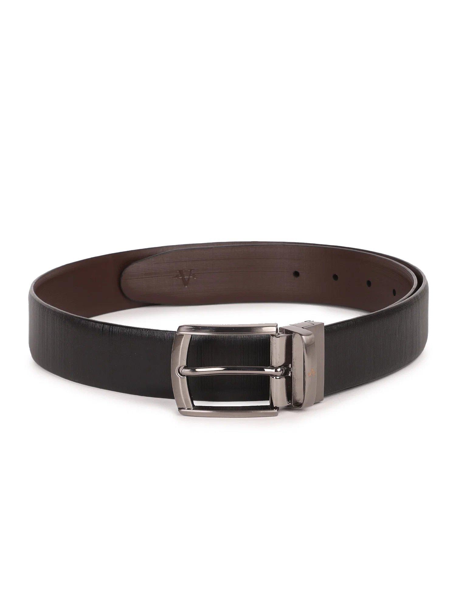Metallic Buckle Black Reversible Leather Belt