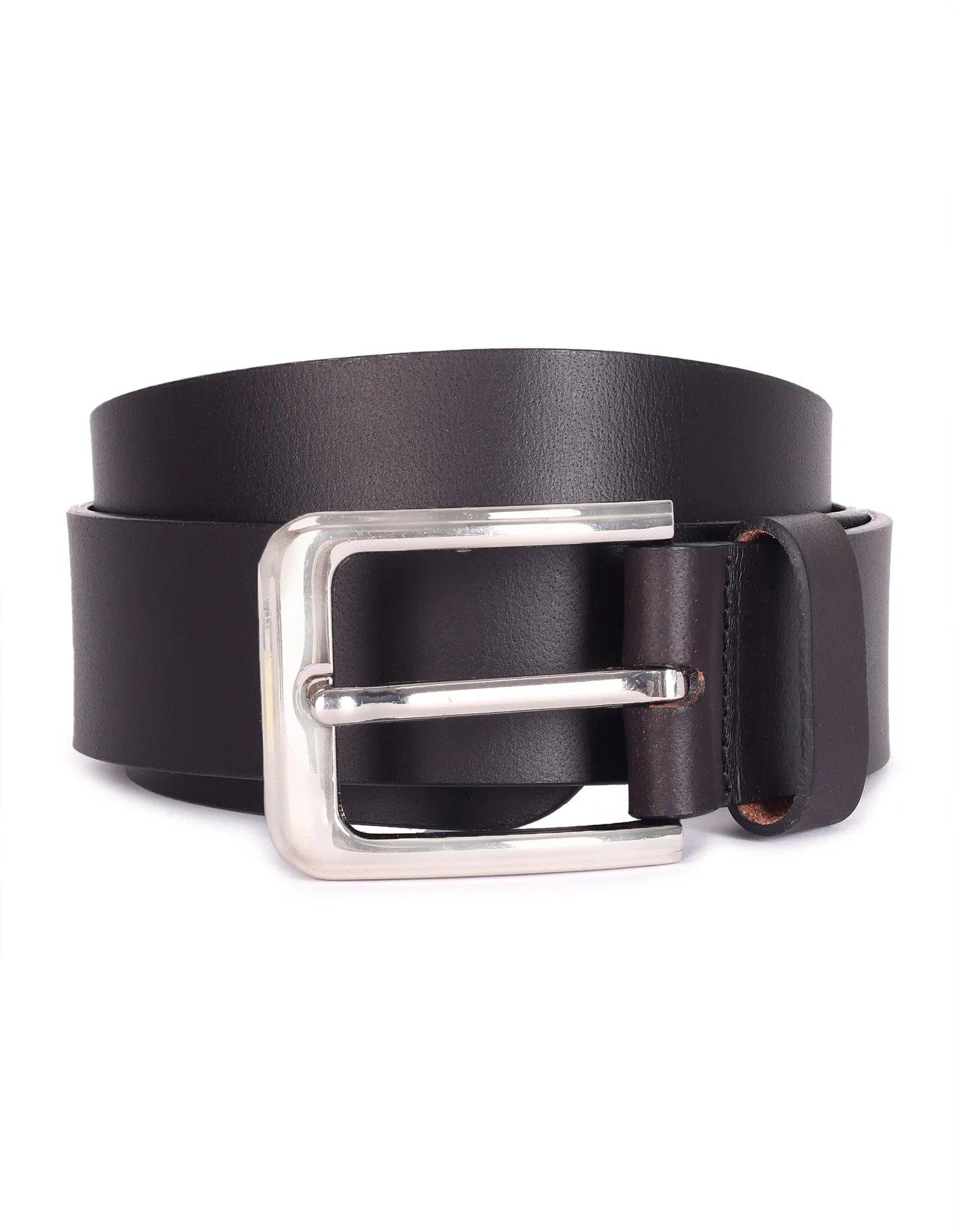 Men Dark Brown Metallic Buckle Solid Leather Belt