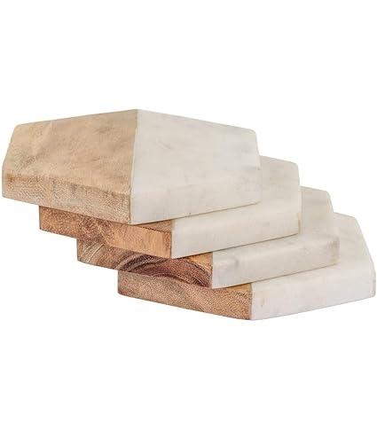 MBSC White Marble + Wood Tea/Coffee/Cocktail Handmade Coaster (Hexagon) Set of 4 pcs for Drinks Hot & Cold, Table Decorative Cocktail Coaster
