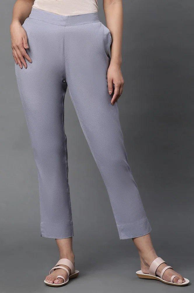 Grey Cotton Flax Trouser Pants For Women