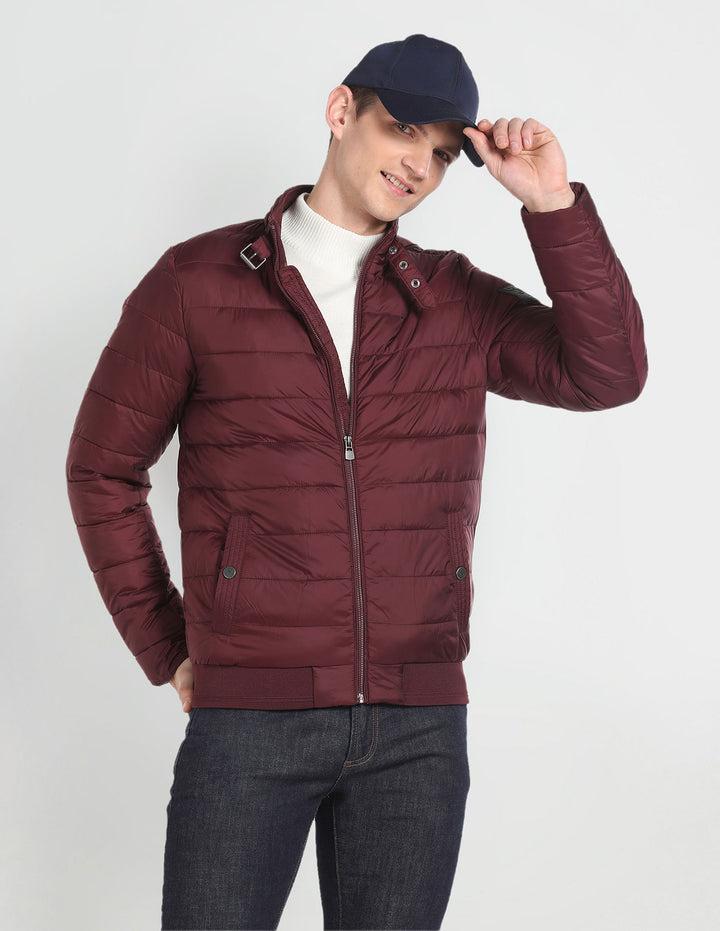 High Neck Solid Puffer Jacket For Men In Maroon