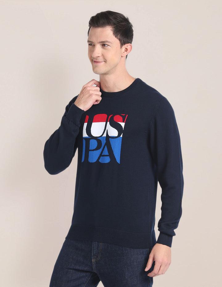Knit Logo Cotton Sweater For Men In Navy Blue