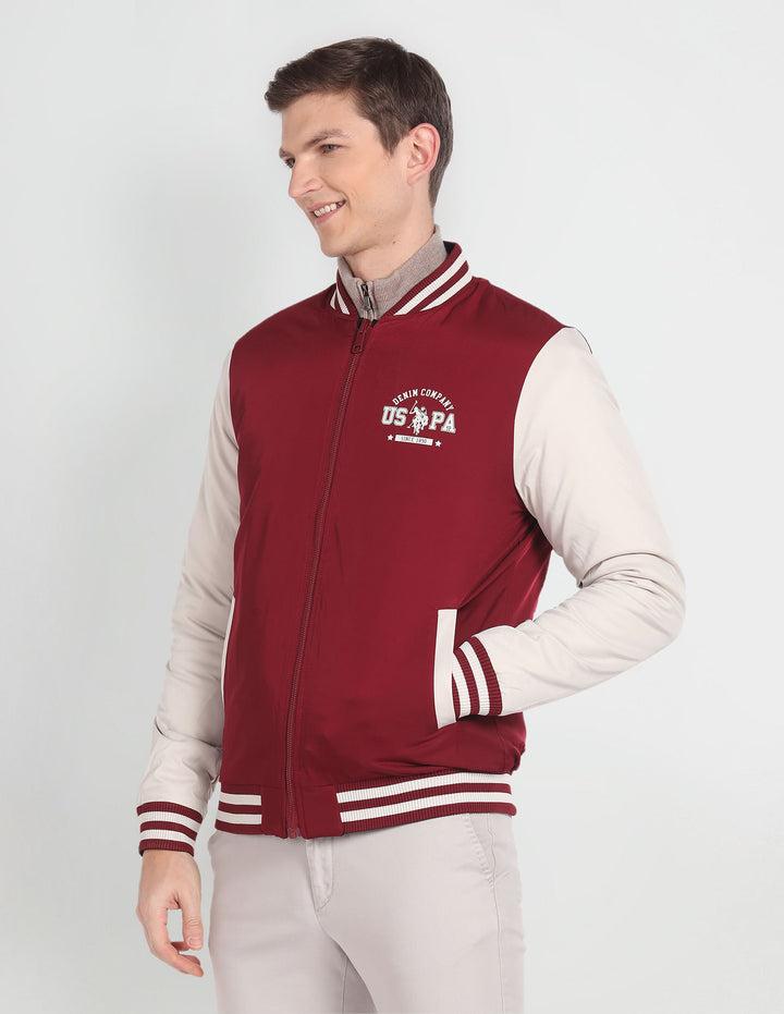 Stand Collar Solid Bomber Jacket For Men In Maroon 