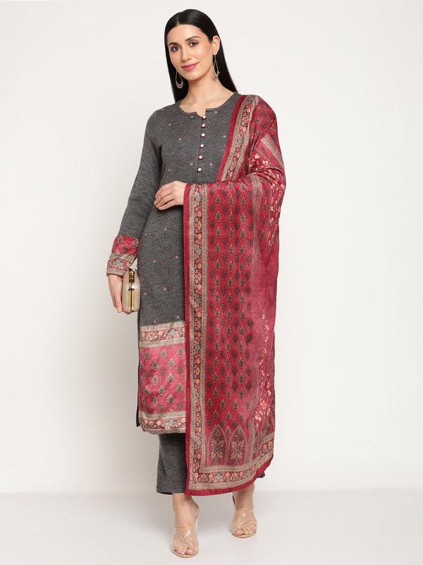 Be Indi Women Winter Daffodil Grey Embroidered Straight Kurta With Trouser & With Velvet Dupatta
