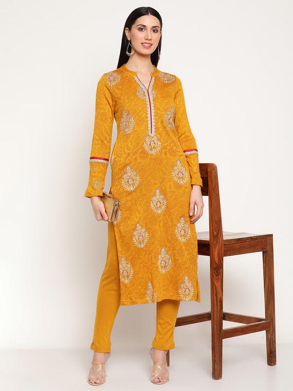 Be Indi Women Winter Daffodil Mustard Aari Work and Foil Printed Straight Kurta With Trouser