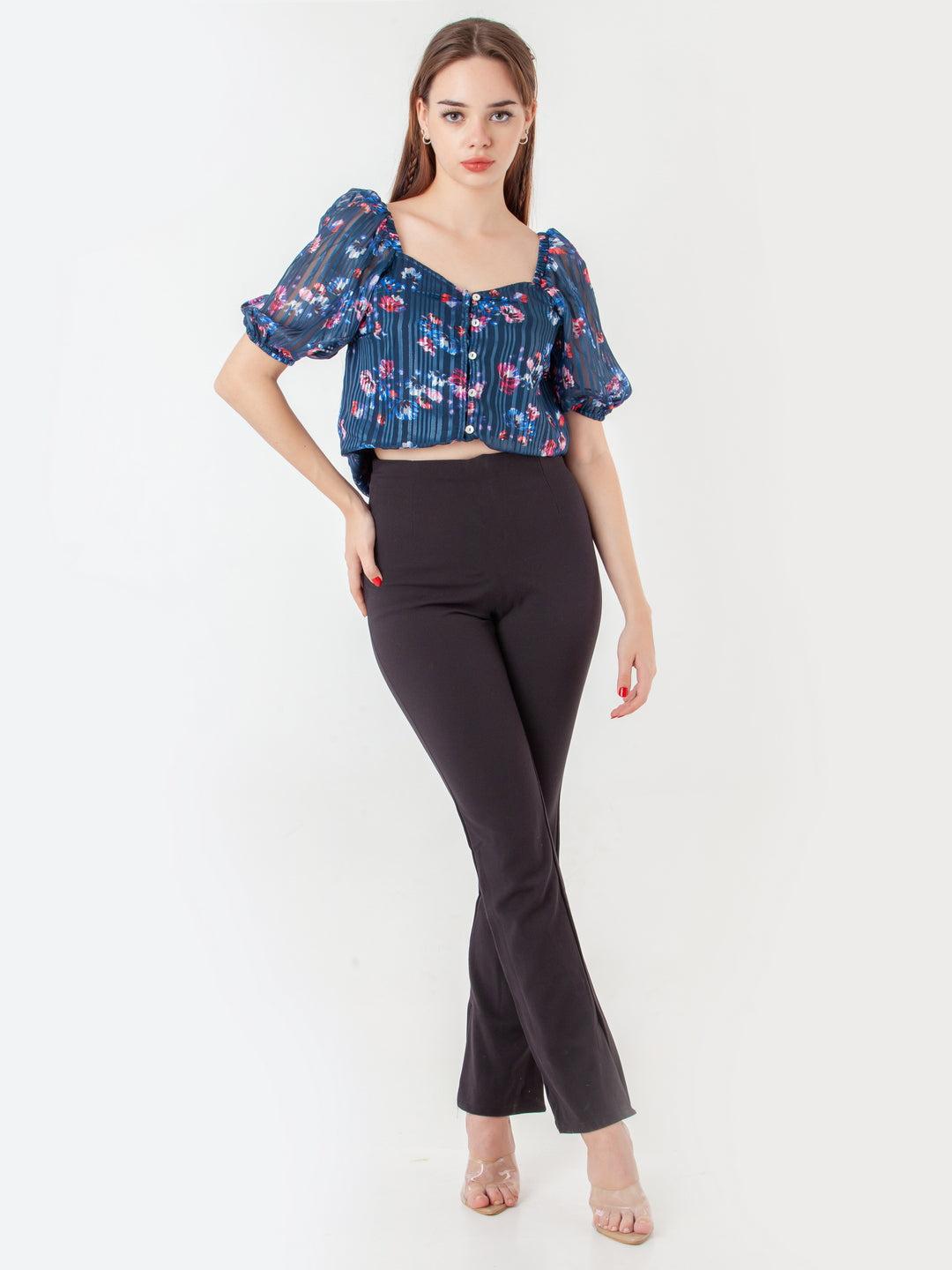 Navy Blue Printed Straight Top For Women