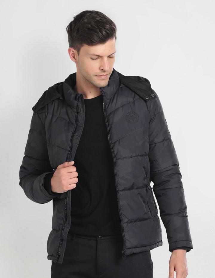 Hooded Camouflage Puffer Jacket For Men In Black