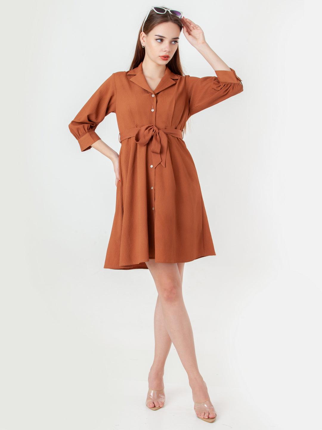 Brown Solid Regular Short Dress For Women