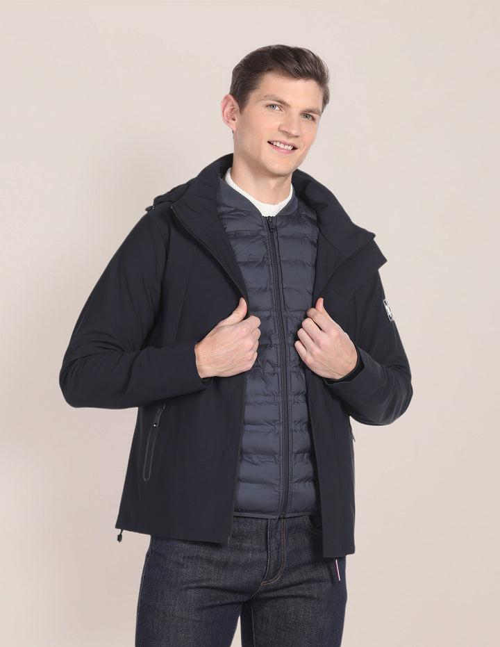 Detachable Hood And Gillet Puffer Jacket For Men In Navy Blue