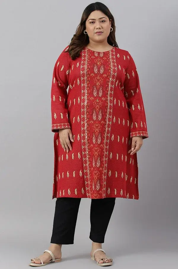 Red Paisley Printed Plus Size Winter kurta For Women
