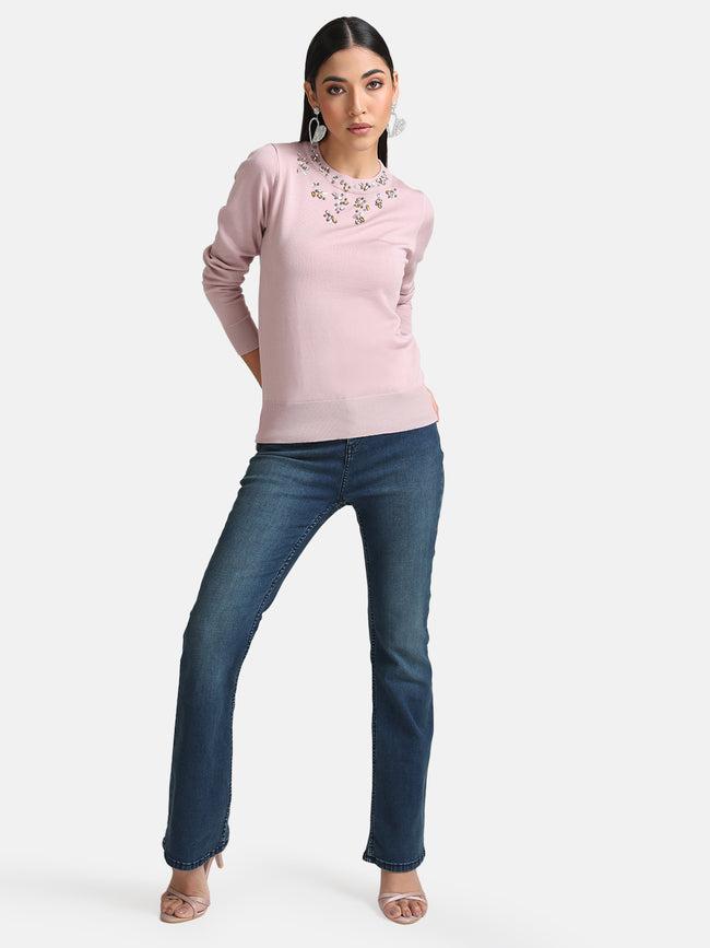 Tonal Embellished Pullover In Baby Pink For Women By Kazo