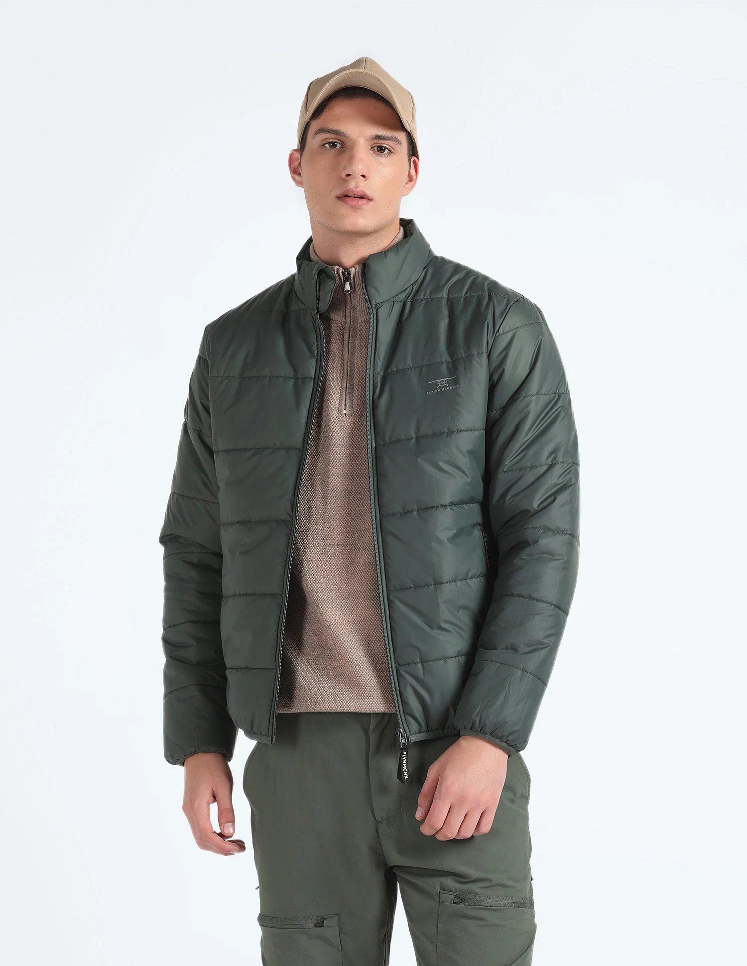 High Neck Solid Quilted Jacket In Olive