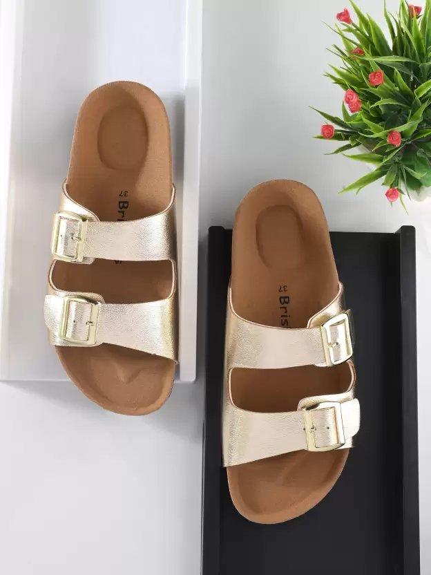 Two Strap Open Toe Flats With Buckle Details Golden