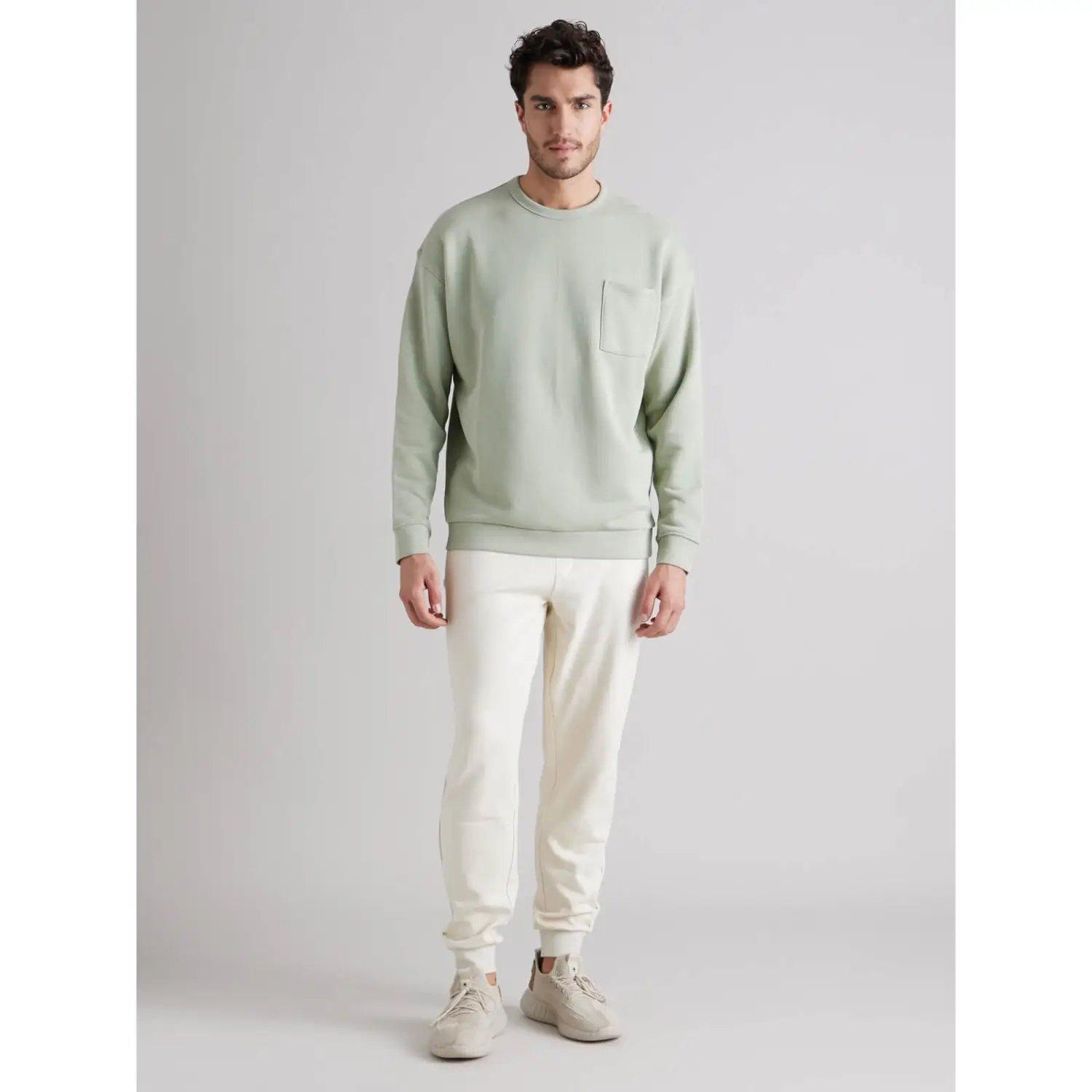 Green Solid Round Neck Cotton Sweatshirt