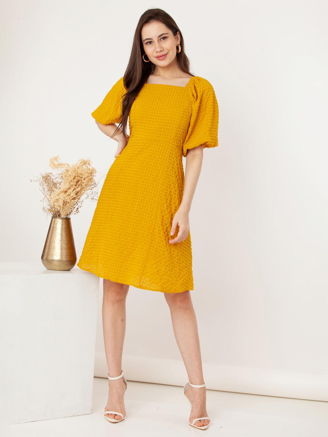 Yellow Self Design Flared Short Dress For Women By Zink London