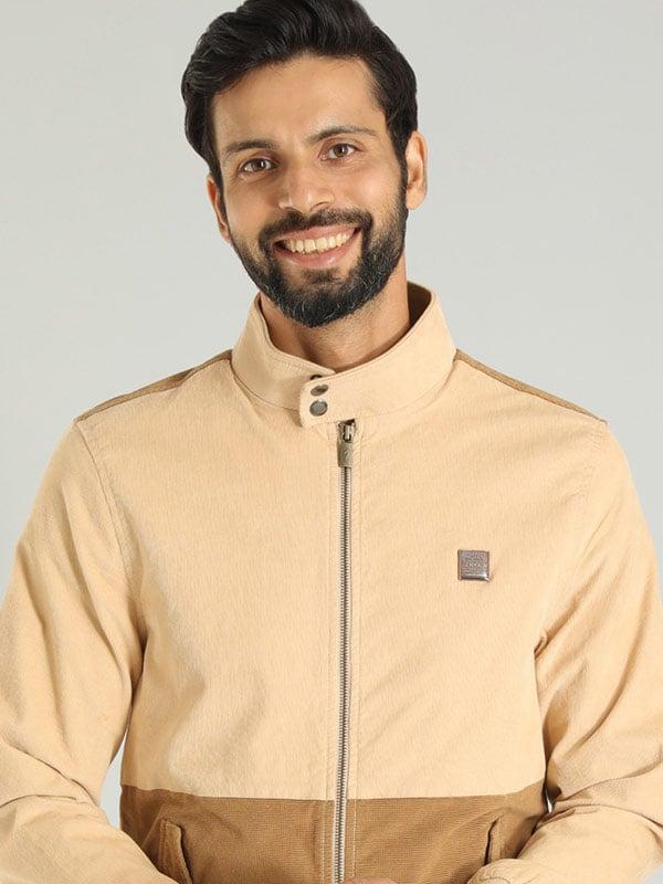 Men Solid Full Sleeve Bomber Jacket In Cream