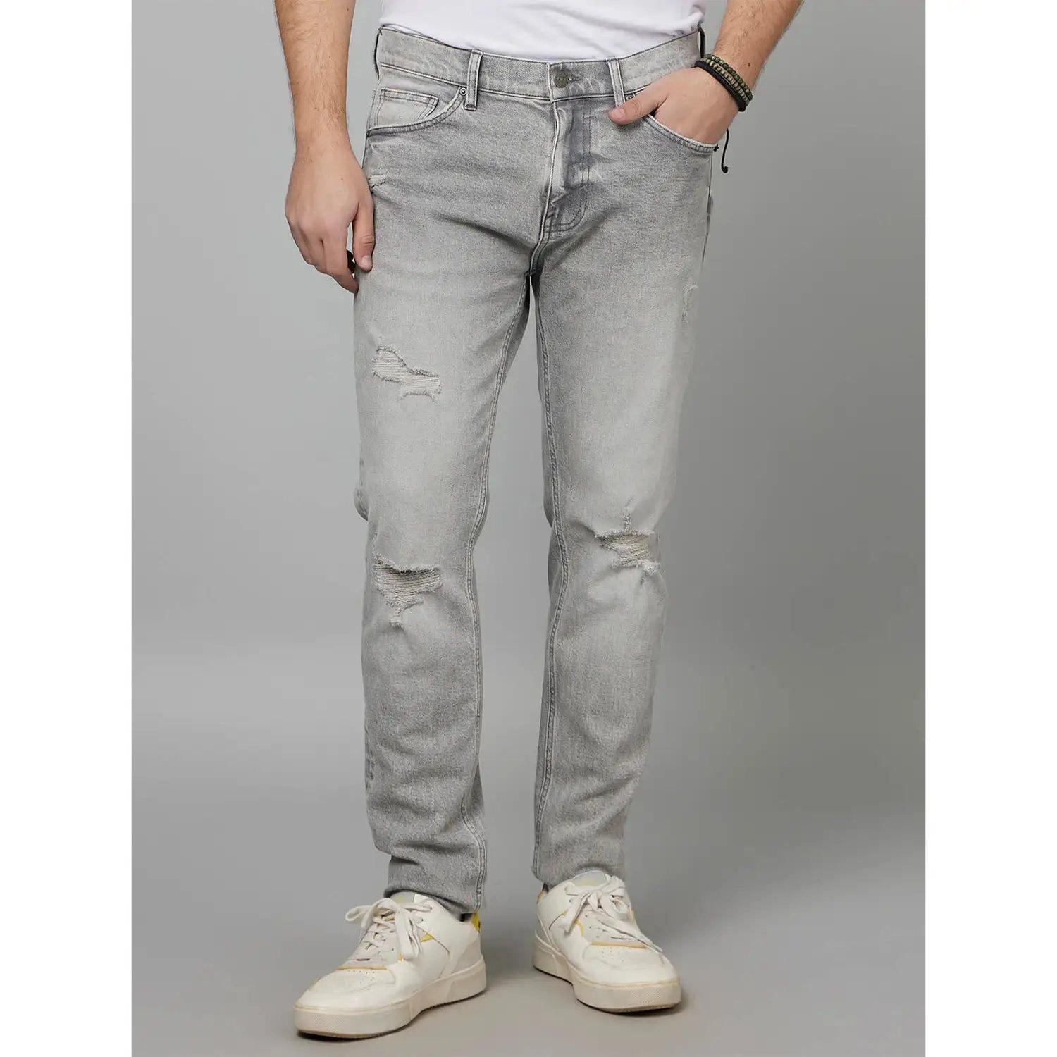 Grey Slim Fit Mildly Distressed Heavy Fade Stretchable Cotton Jeans