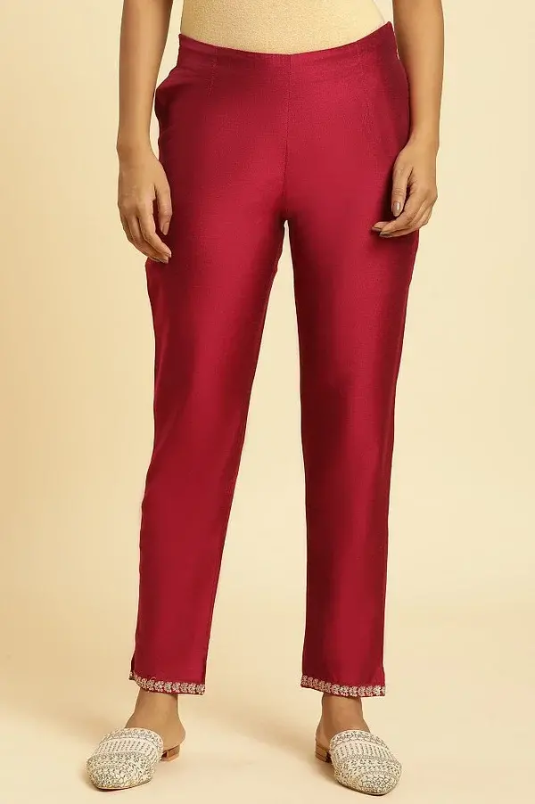 Pink Slim Pants With Embroidered Hemline