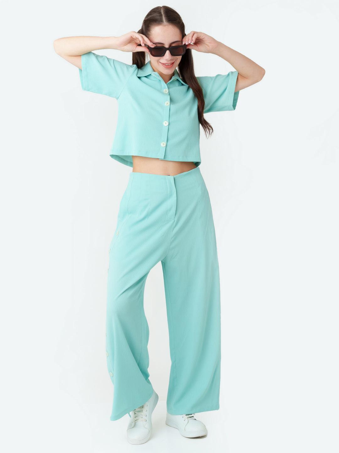 Turquoise Solid Regular Trouser For Women By Zink London