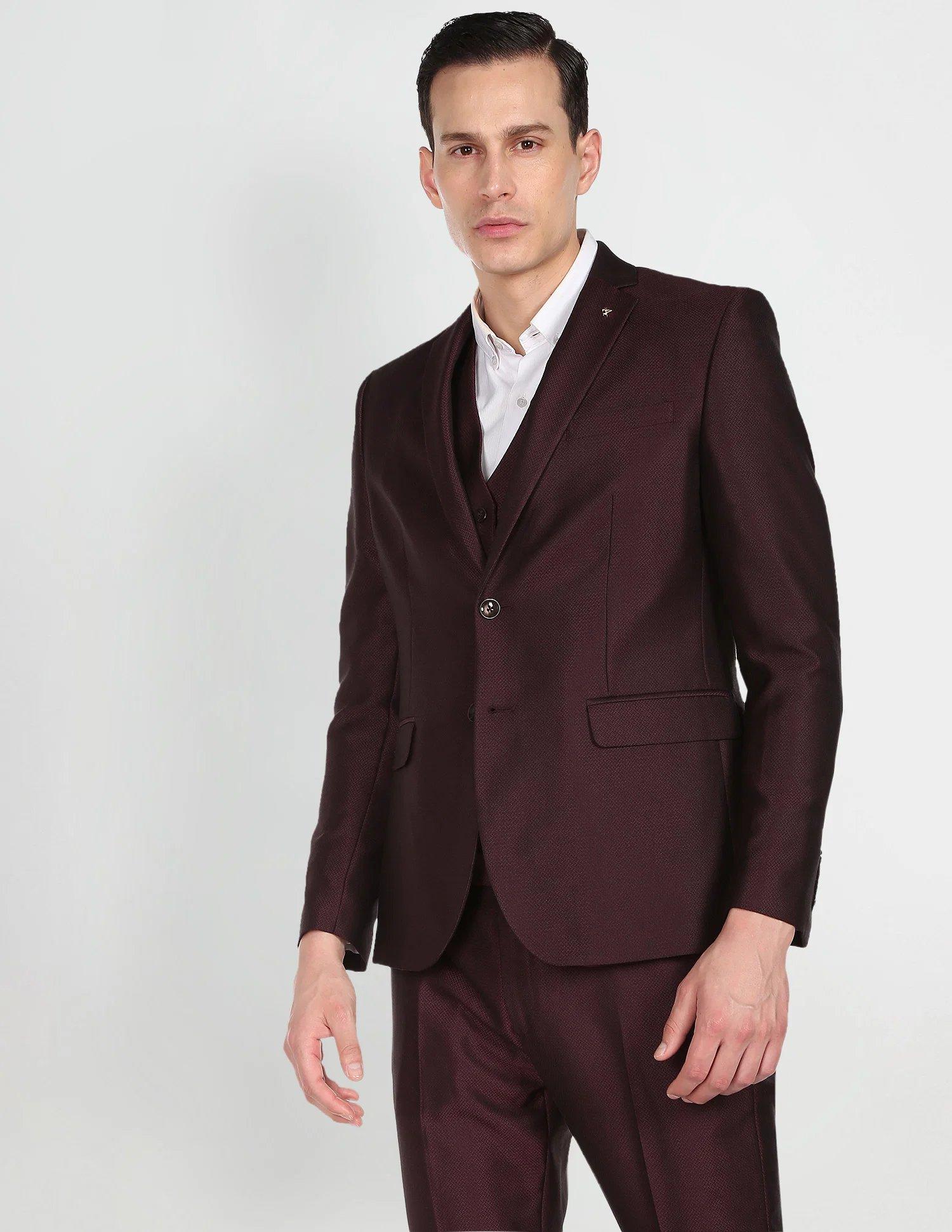 Men Maroon Dobby Weave Tailored Fit Three Piece Suit