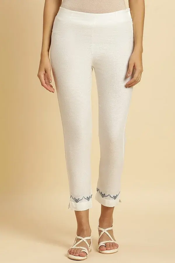 White Slim Pants With Embroidered Hemline