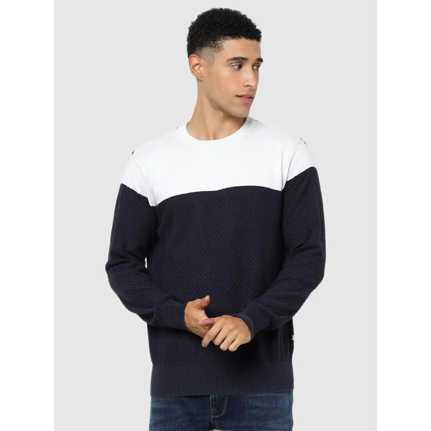 Navy Blue and White Colourblocked Cotton Pullover Sweater