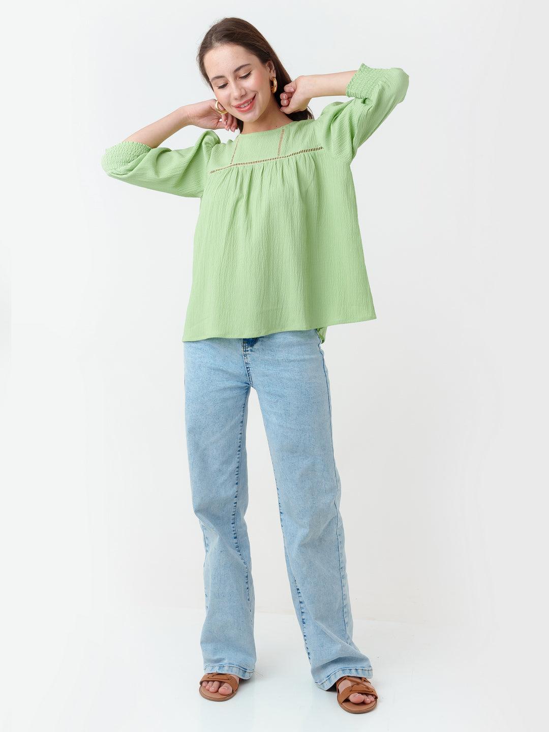 Green Textured Regular Top For Women By Zink London