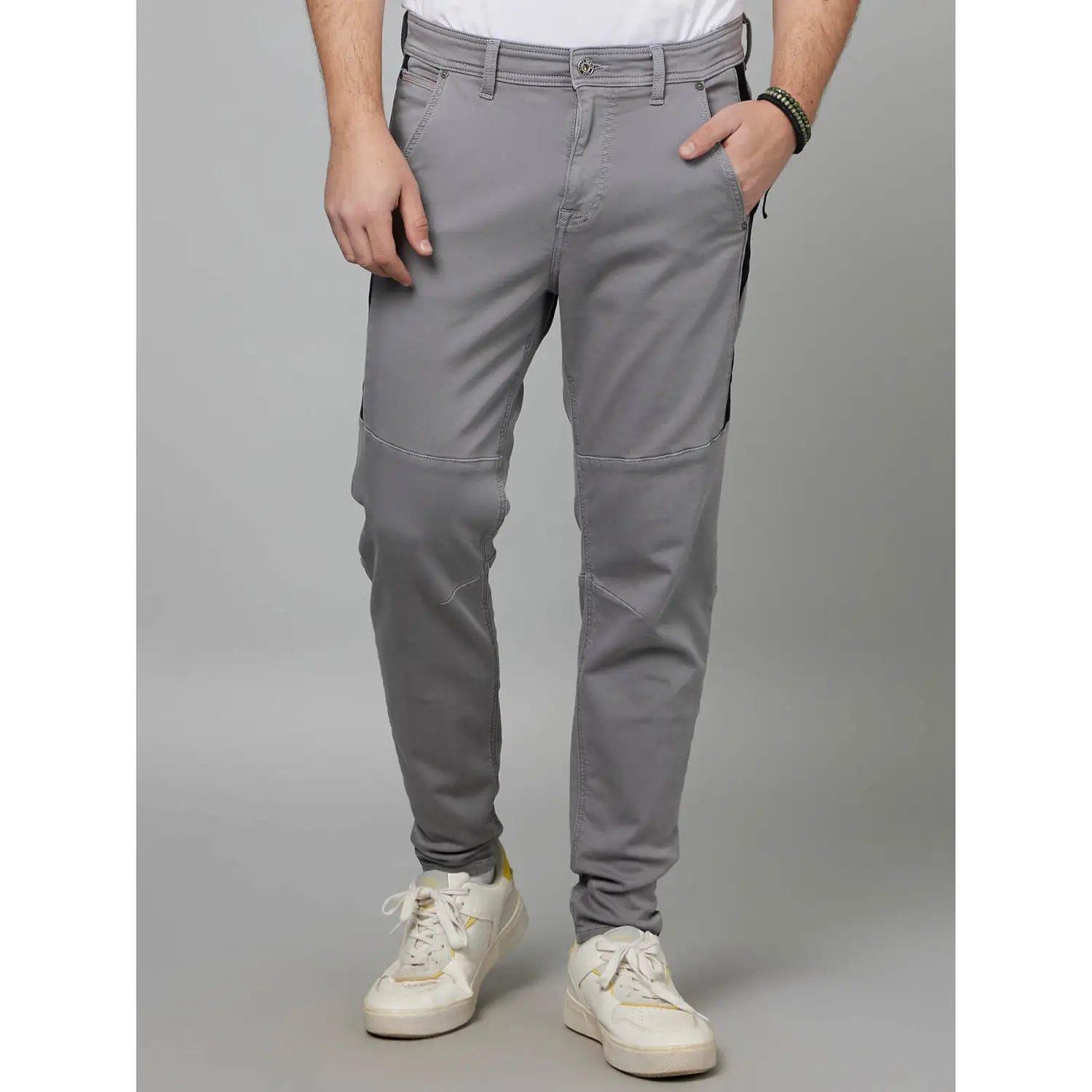 Grey Mid-Rise Classic Skinny Fit Plain Cotton Regular Trousers